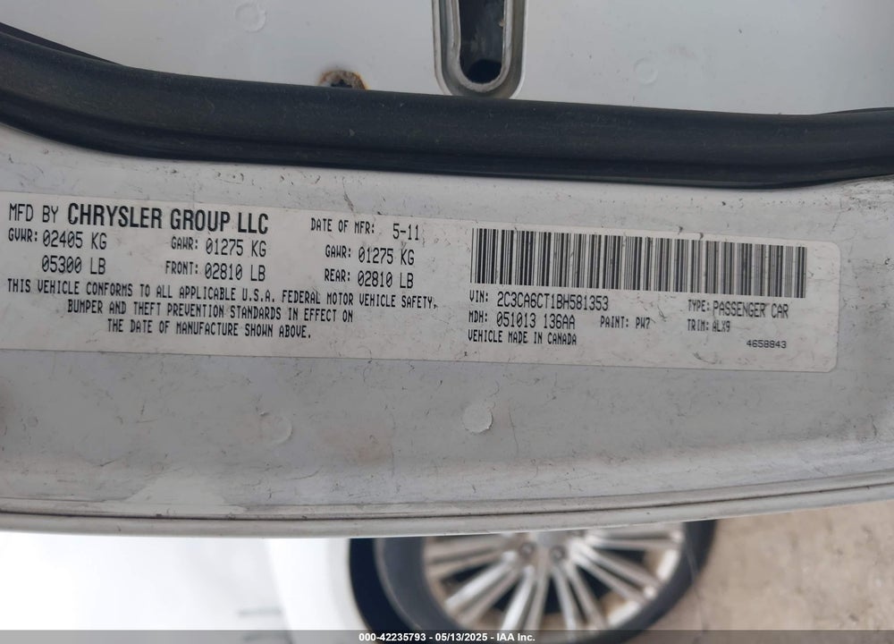 2011 CHRYSLER 300C VIN: 2C3CA6CT1BH581353