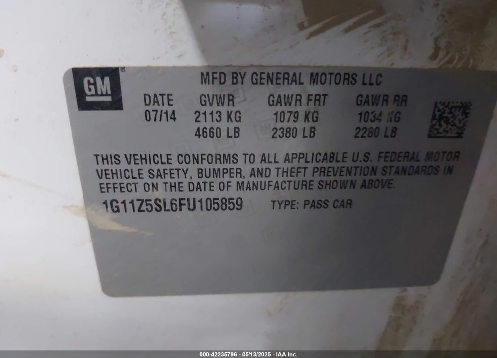 2015 CHEVROLET IMPALA VIN: 1G11Z5SL6FU105859