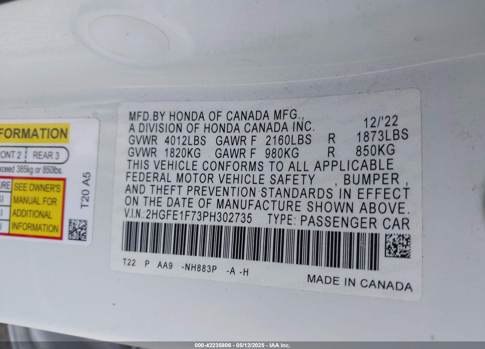 2023 HONDA CIVIC EX /EX W/O BSI VIN: 2HGFE1F73PH302735