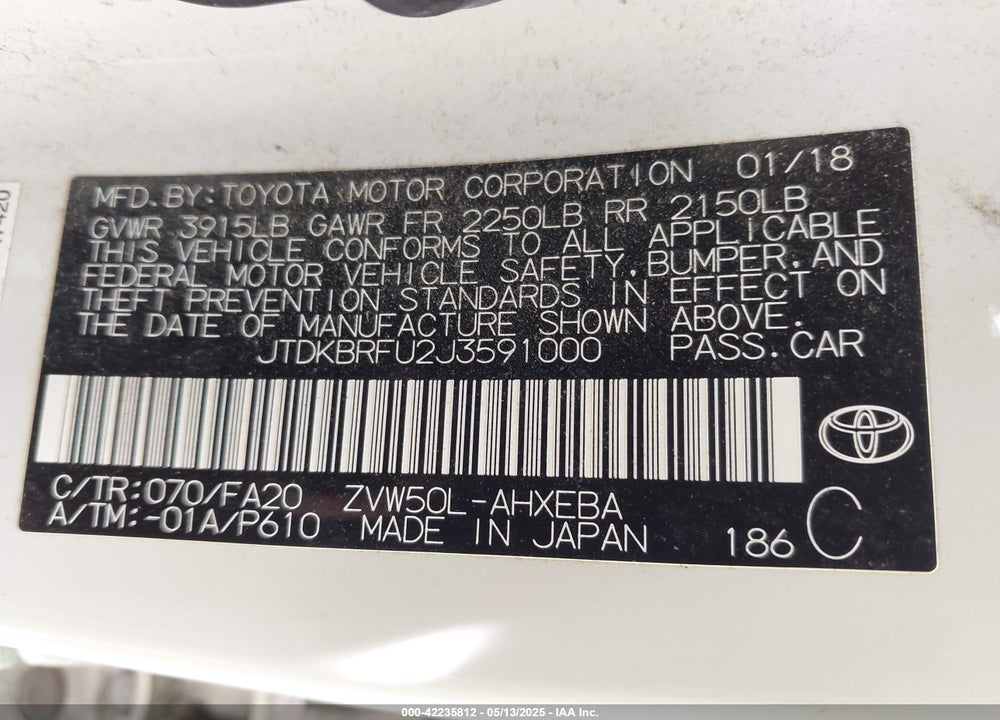 2018 TOYOTA PRIUS VIN: JTDKBRFU2J3591000