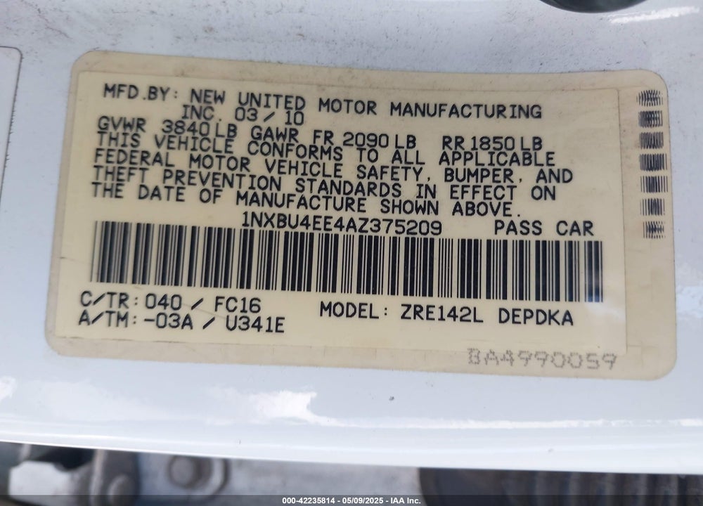 2010 TOYOTA COROLLA LE VIN: 1NXBU4EE4AZ375209