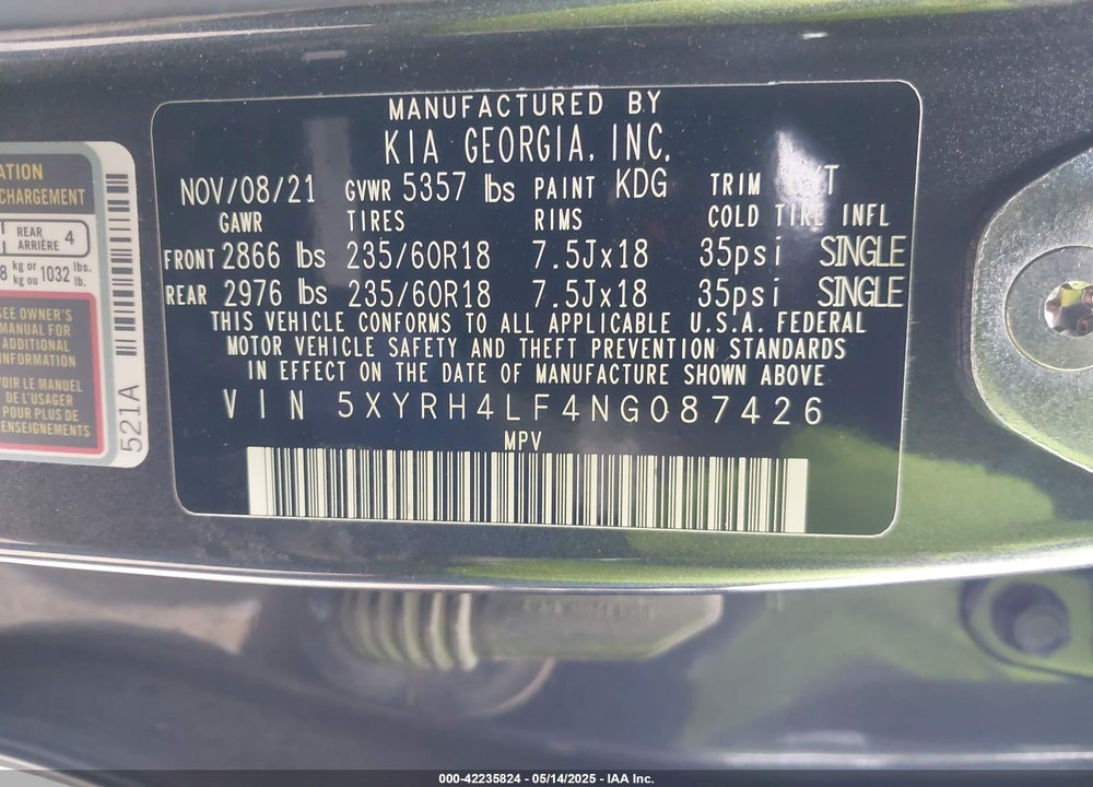 2022 KIA SORENTO EX VIN: 5XYRH4LF4NG087426