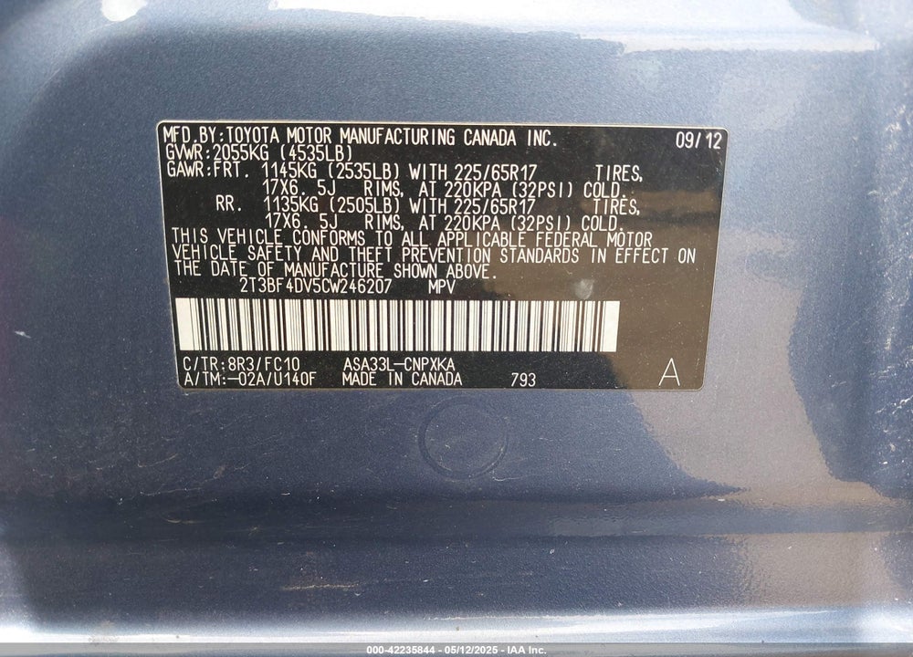 2012 TOYOTA RAV4 VIN: 2T3BF4DV5CW246207