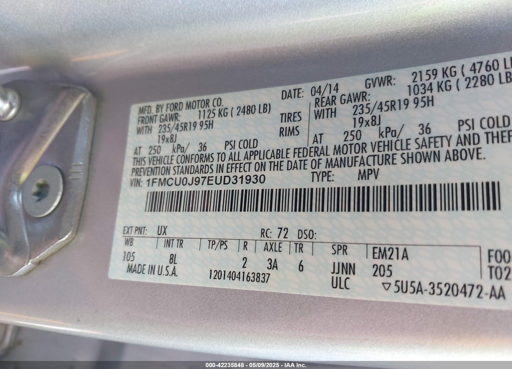 2014 FORD ESCAPE TITANIUM VIN: 1FMCU0J97EUD31930