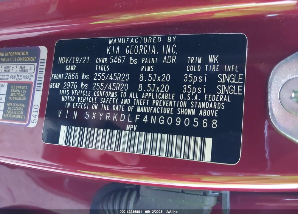 2022 KIA SORENTO VIN: 5XYRKDLF4NG090568