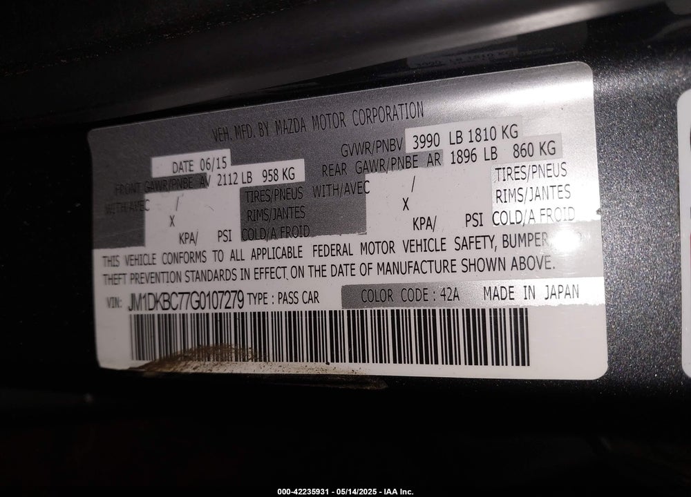2016 MAZDA CX-3 VIN: JM1DKBC77G0107279