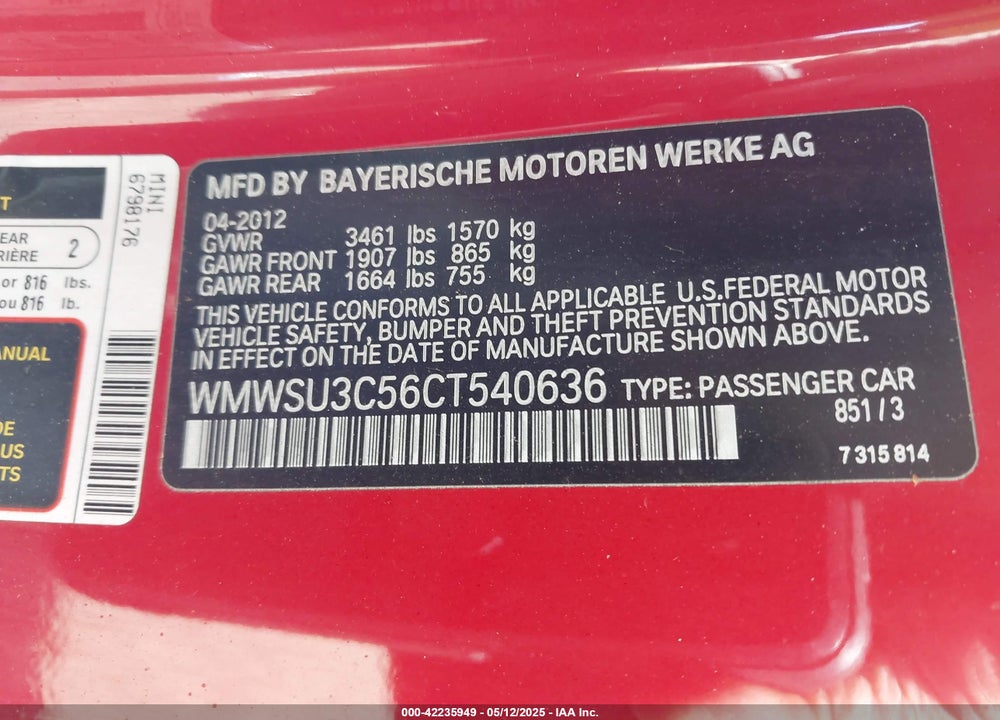 2012 MINI COOPER VIN: WMWSU3C56CT540636