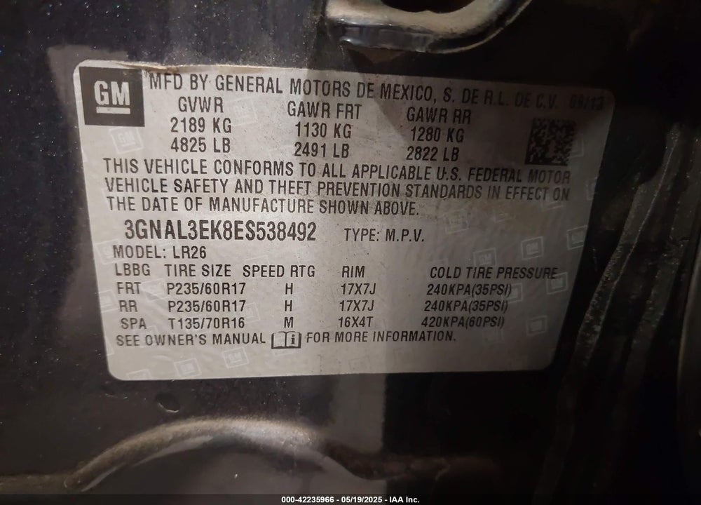 2014 CHEVROLET CAPTIVA SPORT VIN: 3GNAL3EK8ES538492