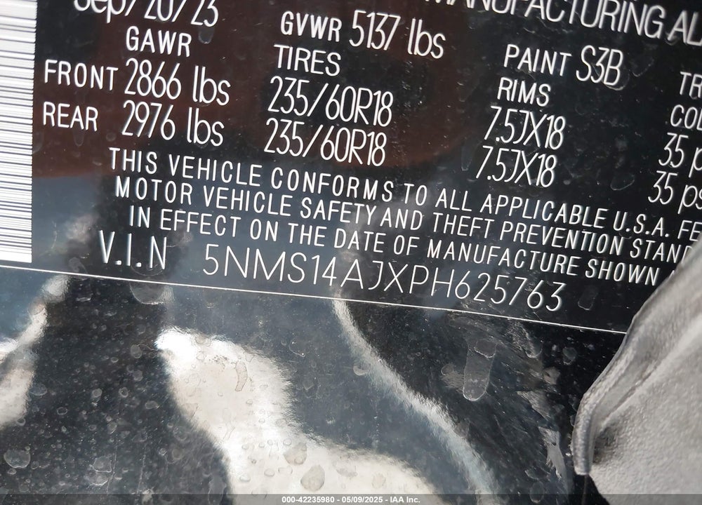 2023 HYUNDAI SANTA FE VIN: 5NMS14AJXPH625763