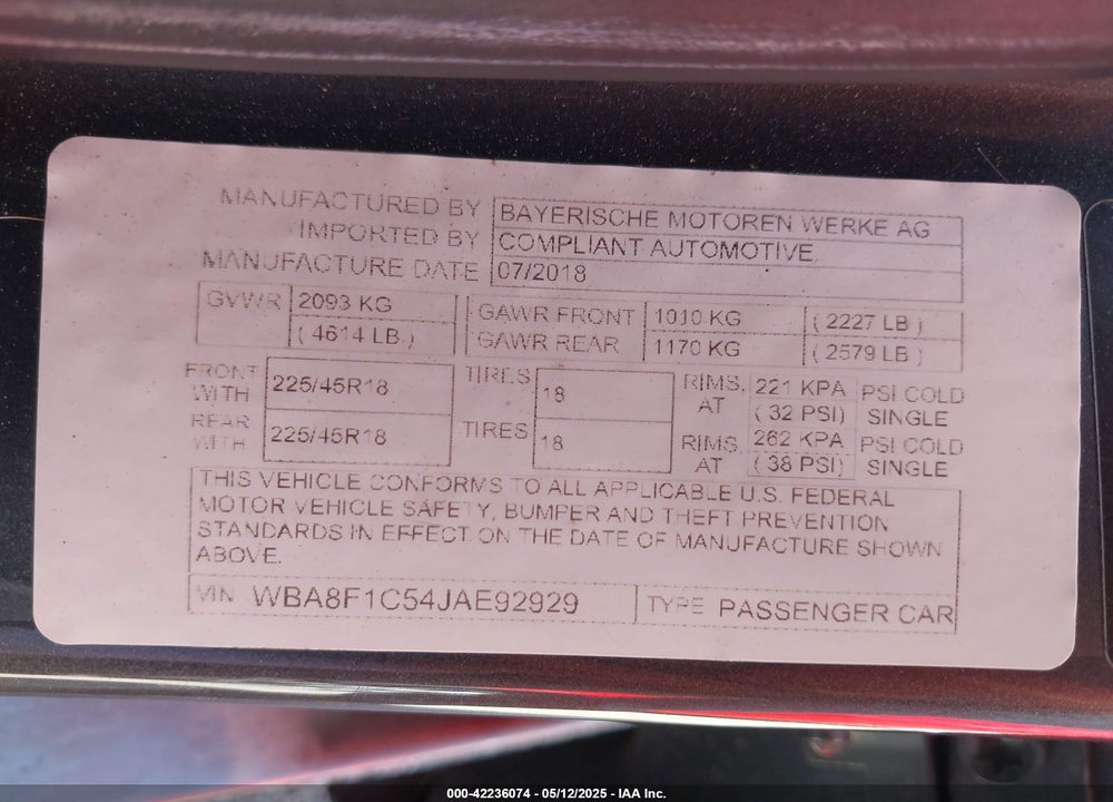 2018 BMW 328D XDRIVE VIN: WBA8F1C54JAE92929