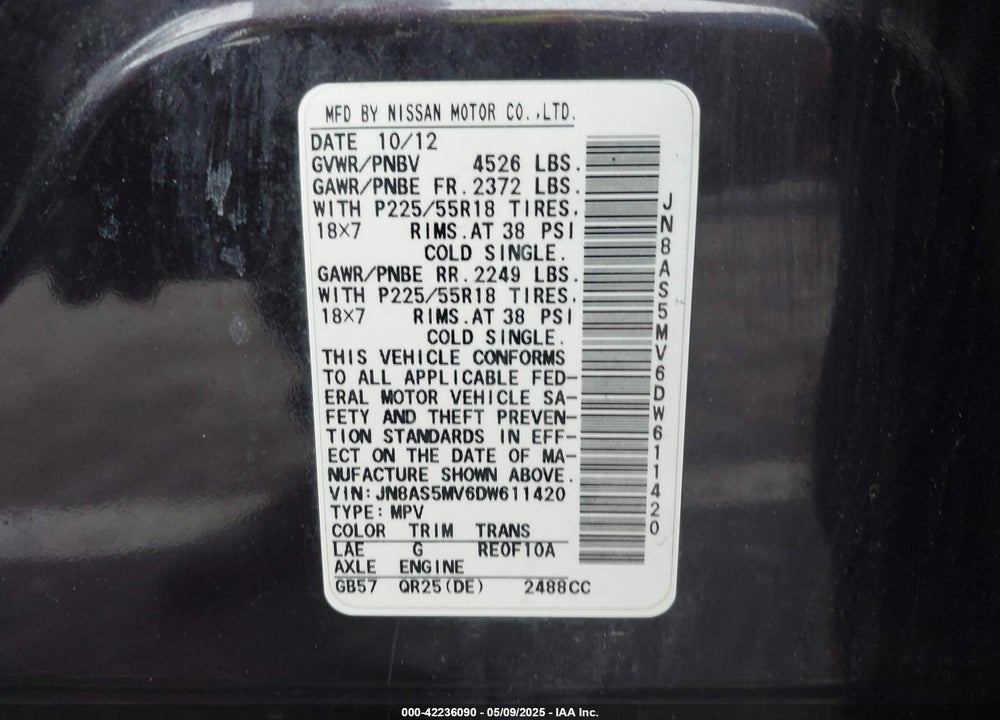 2013 NISSAN ROGUE VIN: JN8AS5MV6DW611420