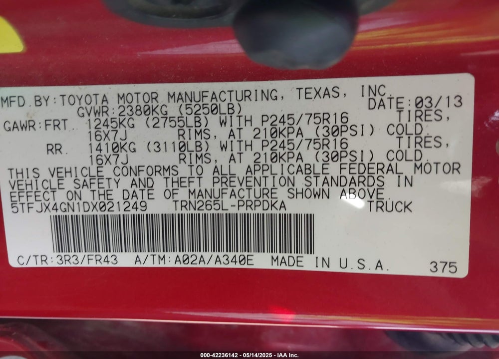 2013 TOYOTA TACOMA VIN: 5TFJX4GN1DX021249
