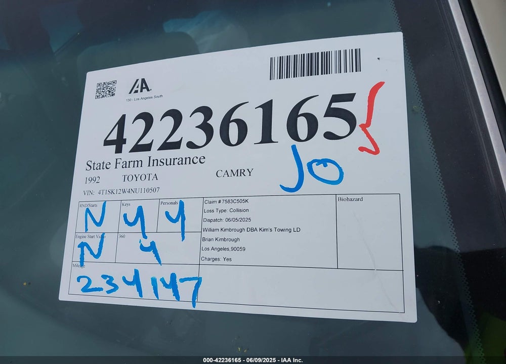 1992 TOYOTA CAMRY LE VIN: 4T1SK12W4NU110507