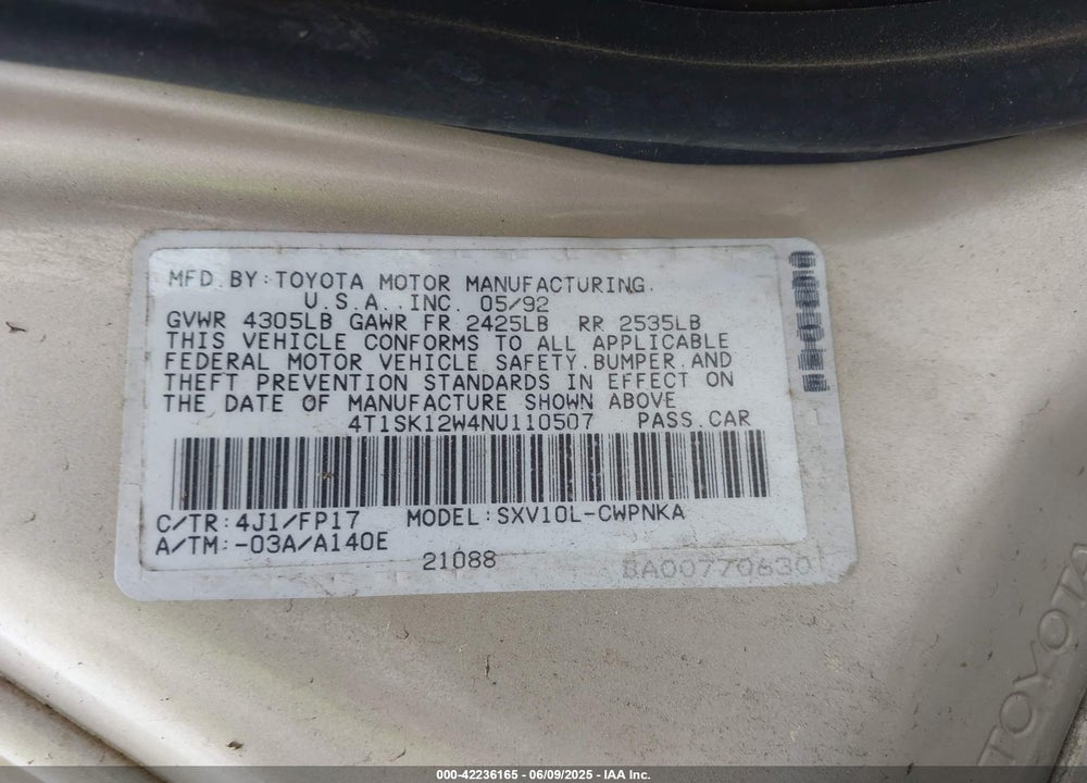 1992 TOYOTA CAMRY LE VIN: 4T1SK12W4NU110507