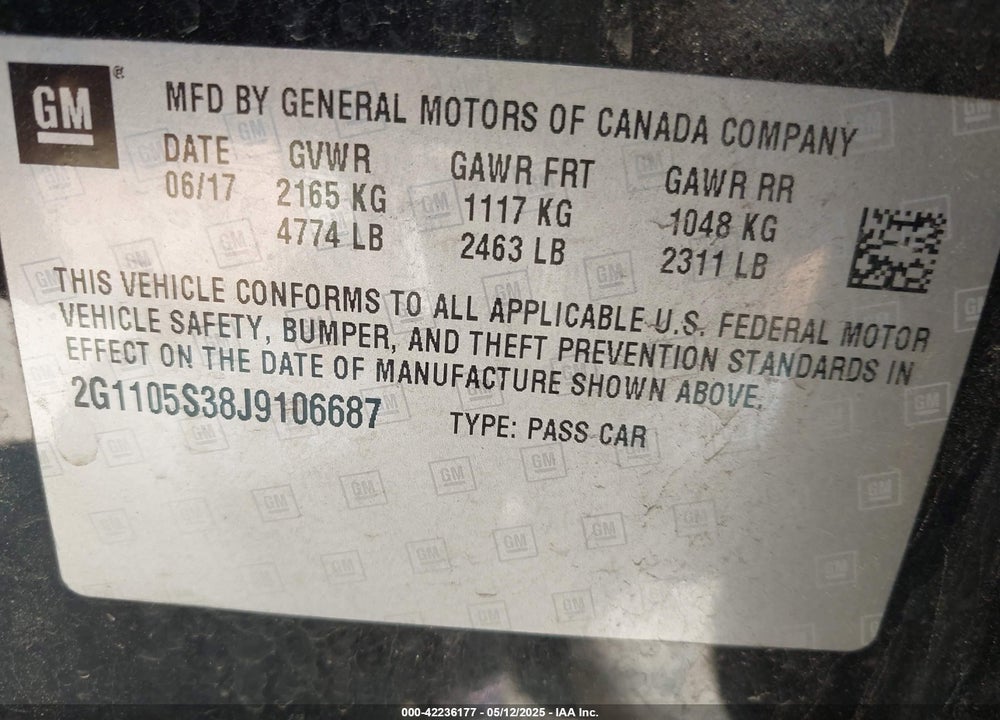 2018 CHEVROLET IMPALA 1LT VIN: 2G1105S38J9106687
