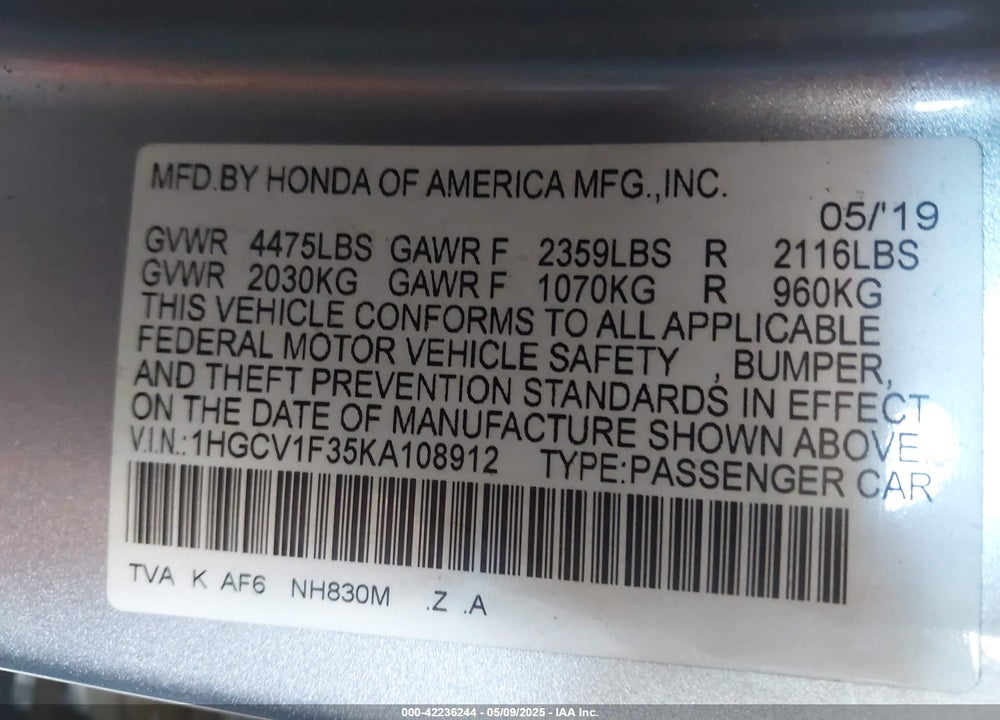 2019 HONDA ACCORD VIN: 1HGCV1F35KA108912