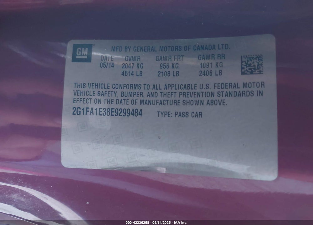 2014 CHEVROLET CAMARO VIN: 2G1FA1E38E9299484