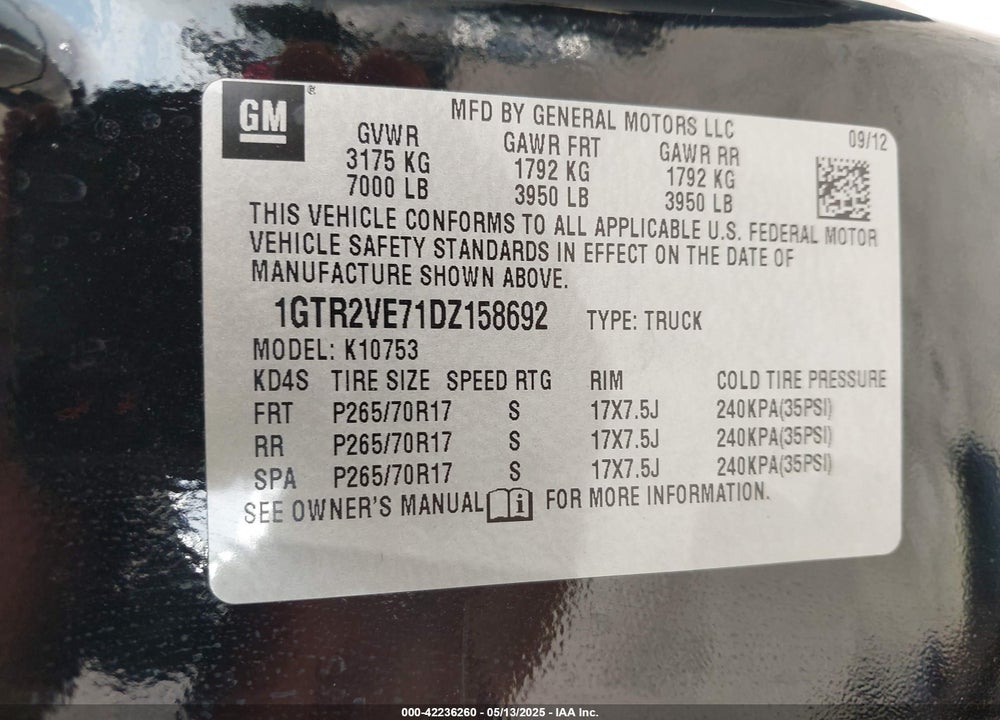 2013 GMC SIERRA VIN: 1GTR2VE71DZ158692