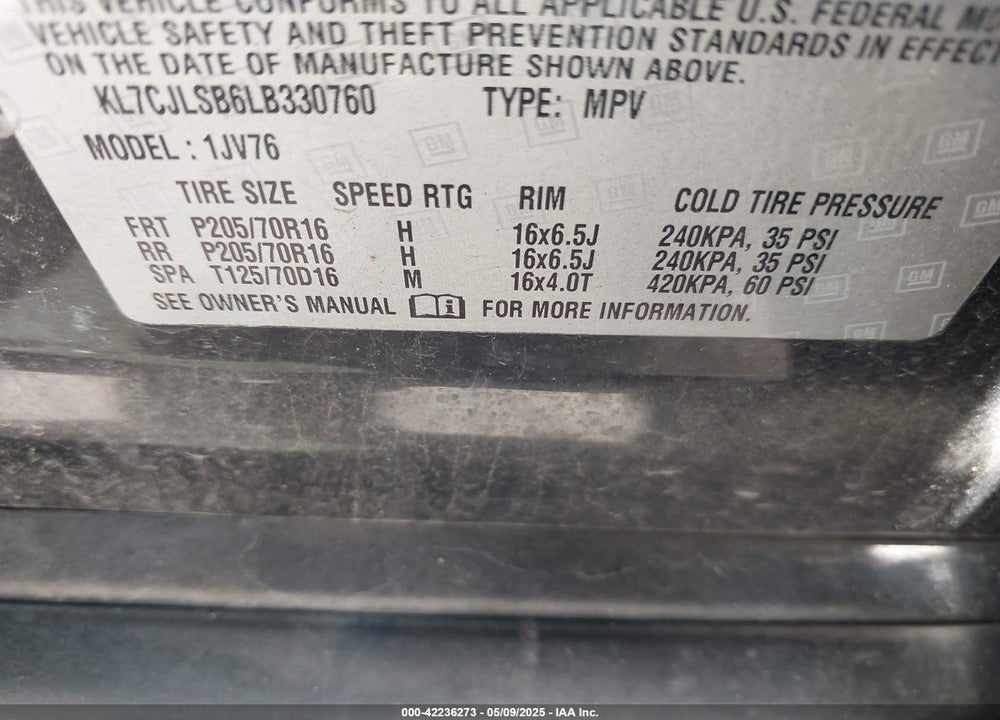2020 CHEVROLET TRAX FWD LT VIN: KL7CJLSB6LB330760