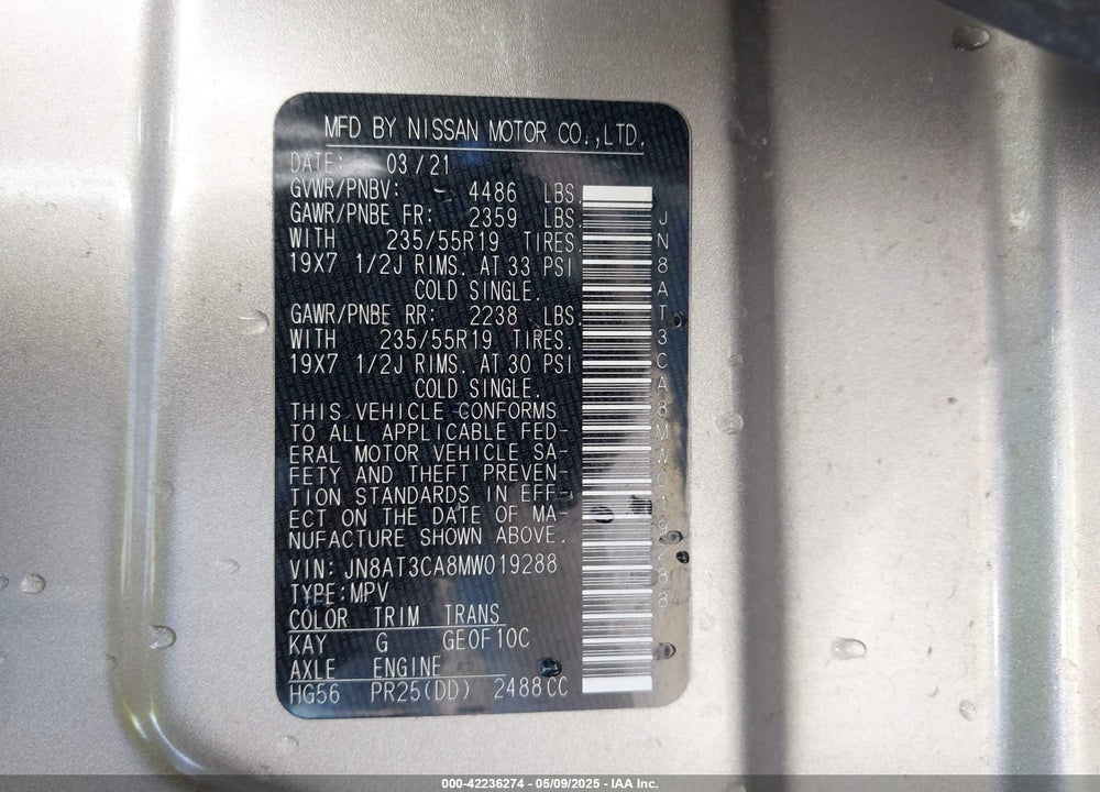 2021 NISSAN ROGUE VIN: JN8AT3CA8MW019288