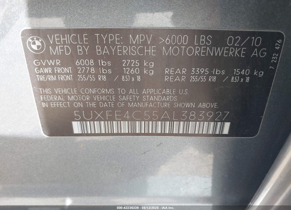 2010 BMW X5 VIN: 5UXFE4C55AL383927