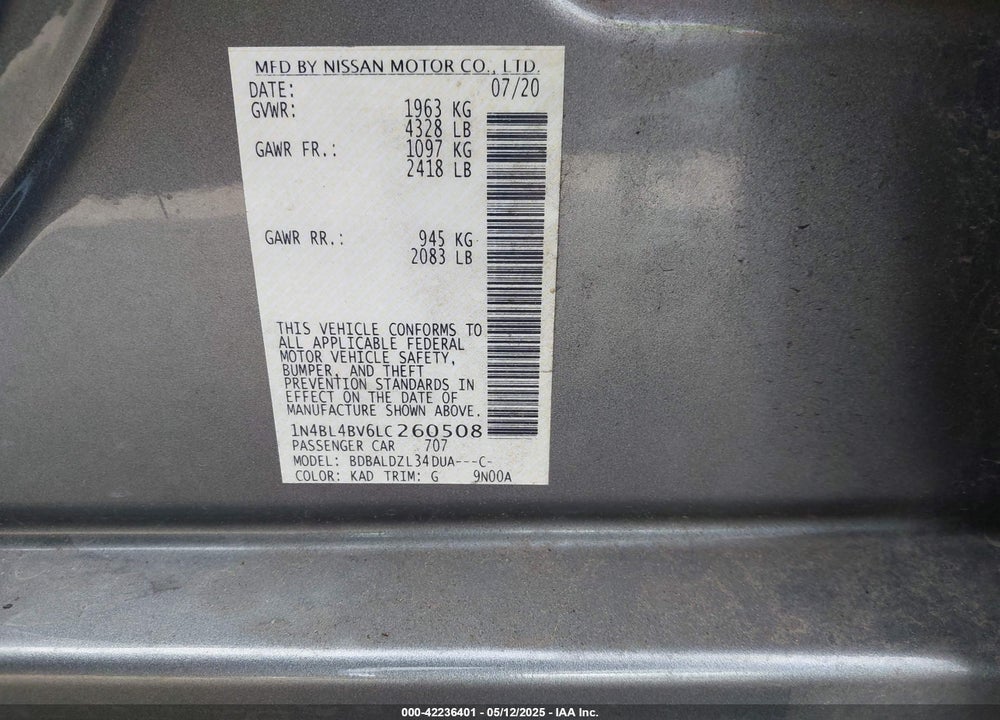 2020 NISSAN ALTIMA S FWD VIN: 1N4BL4BV6LC260508