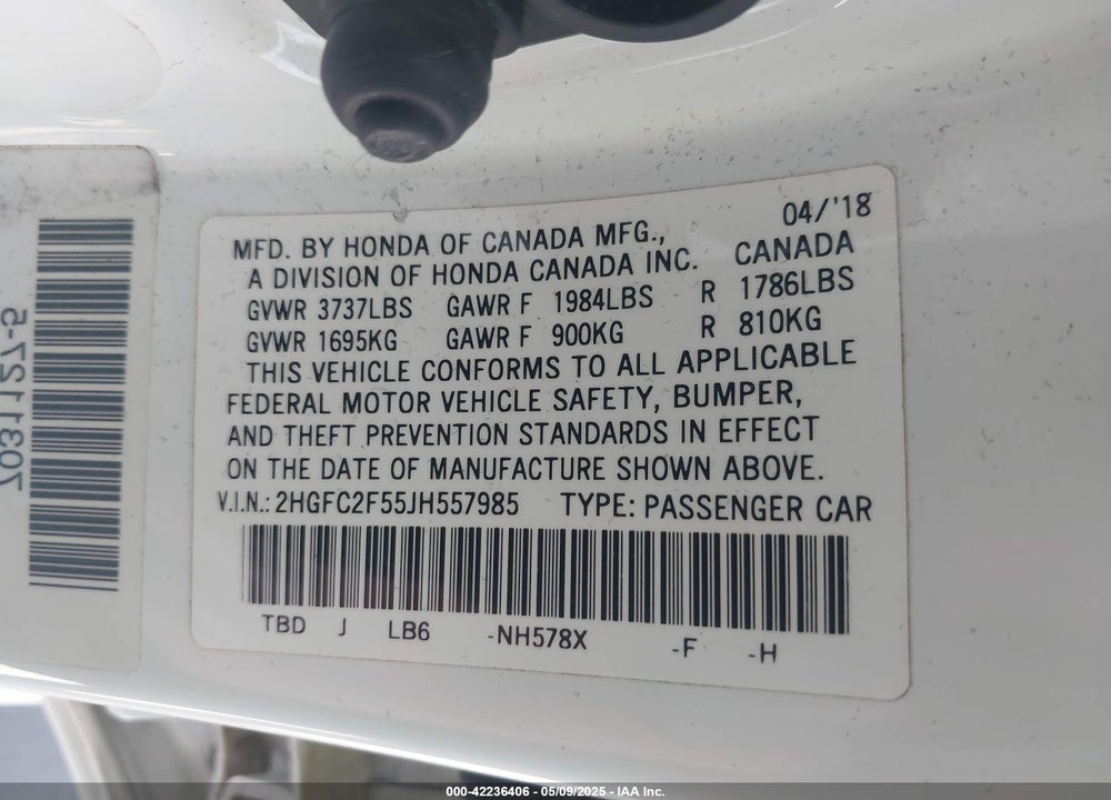 2018 HONDA CIVIC VIN: 2HGFC2F55JH557985
