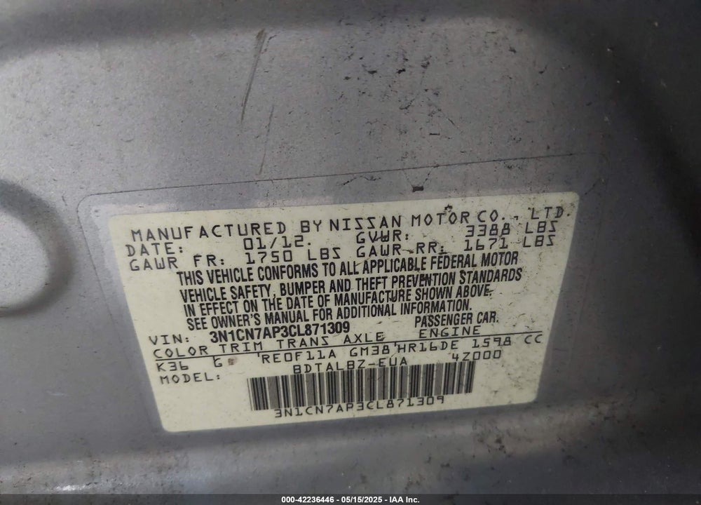 2012 NISSAN VERSA VIN: 3N1CN7AP3CL871309