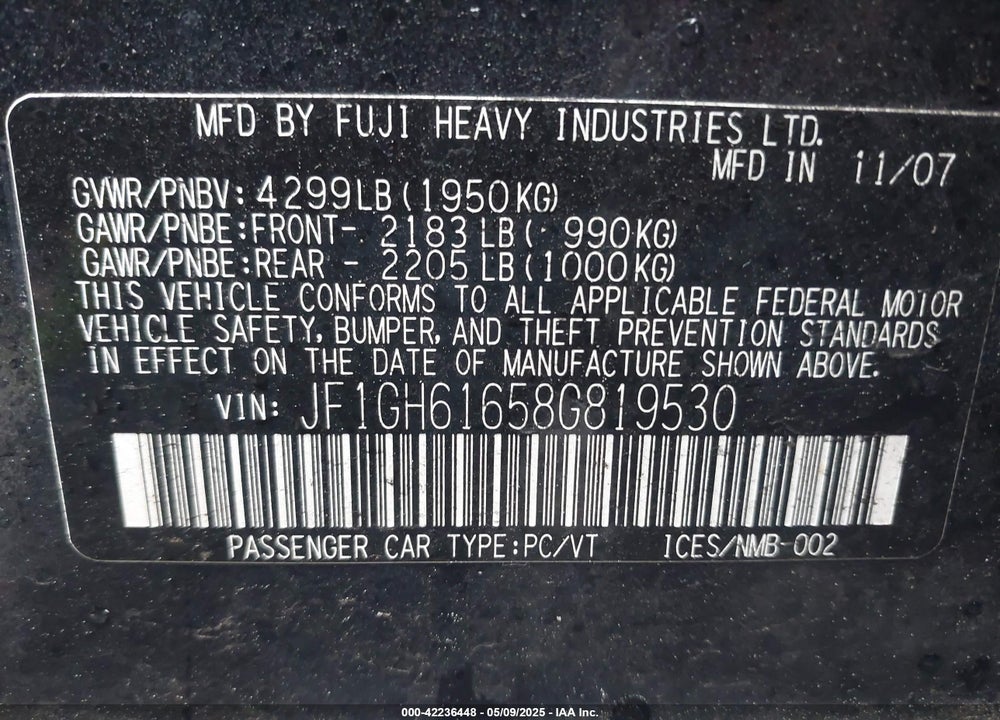 2008 SUBARU IMPREZA VIN: JF1GH61658G819530