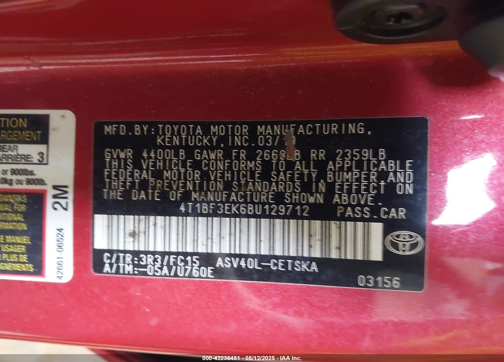 2011 TOYOTA CAMRY SE VIN: 4T1BF3EK6BU129712