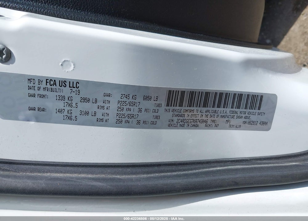 2019 DODGE GRAND CARAVAN GT VIN: 2C4RDGEG7KR743046