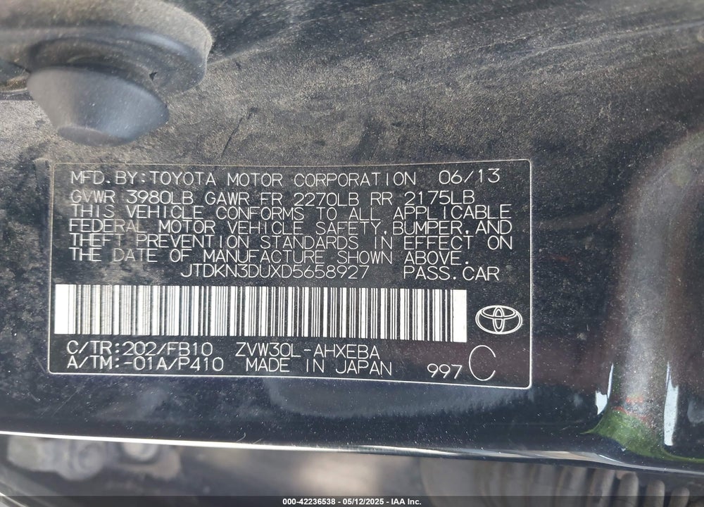 2013 TOYOTA PRIUS VIN: JTDKN3DUXD5658927
