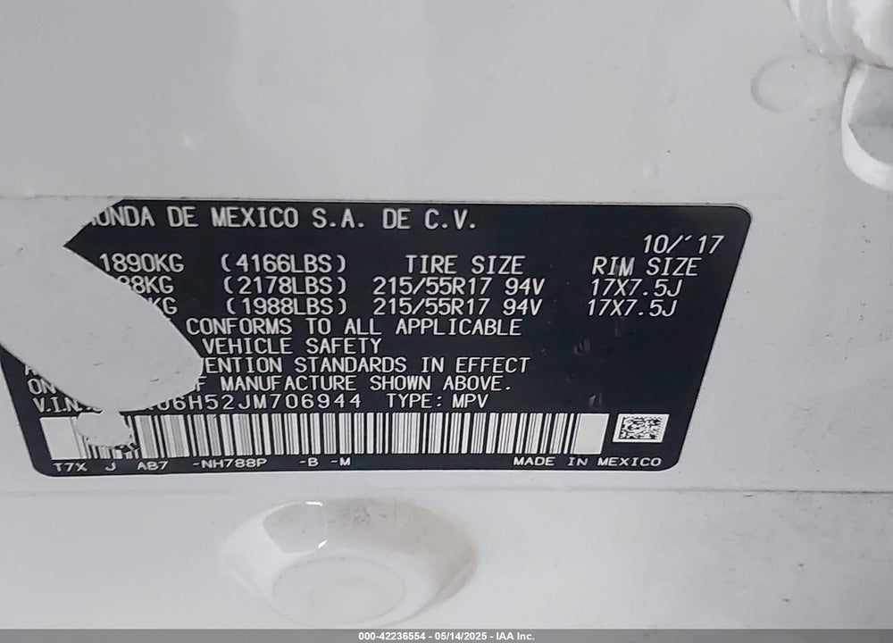 2018 HONDA HR-V VIN: 3CZRU6H52JM706944