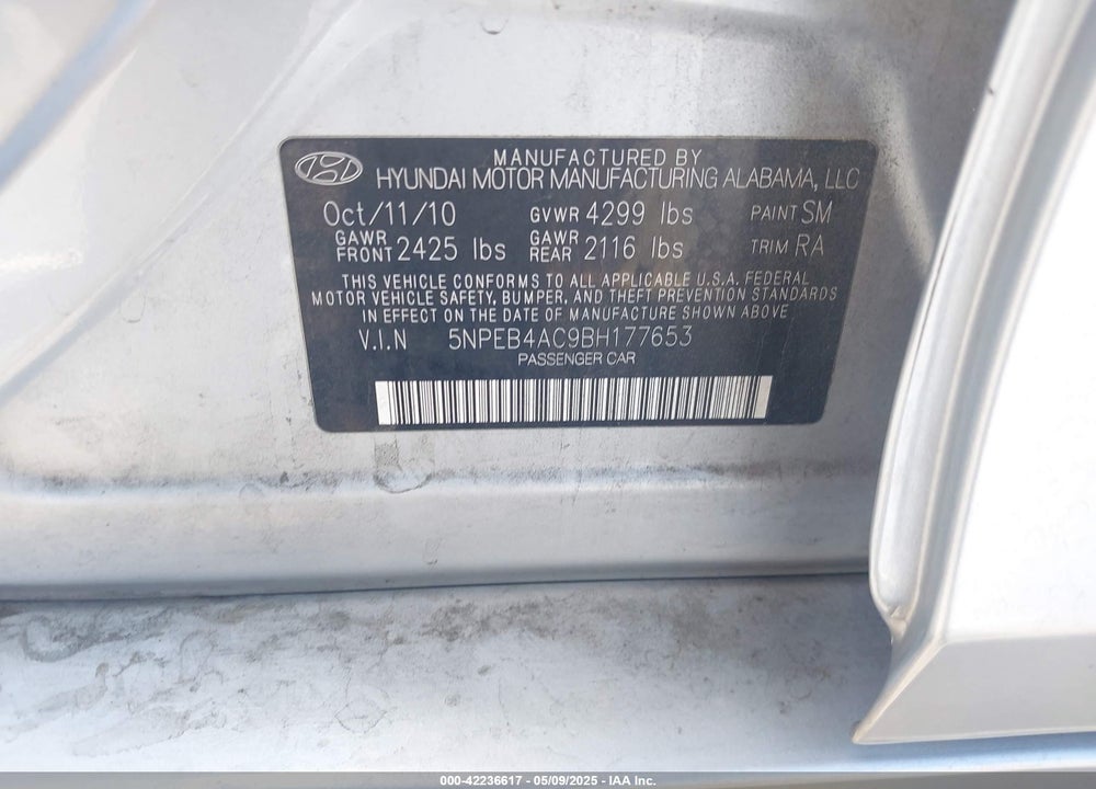 2011 HYUNDAI SONATA GLS VIN: 5NPEB4AC9BH177653