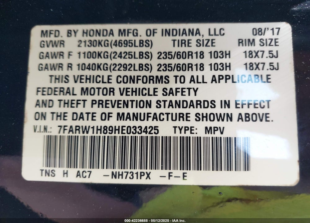 2017 HONDA CR-V VIN: 7FARW1H89HE033425