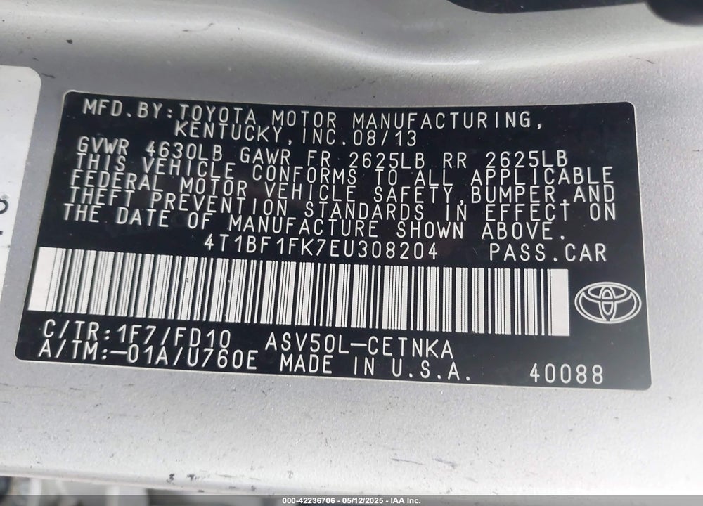 2014 TOYOTA CAMRY LE VIN: 4T1BF1FK7EU308204