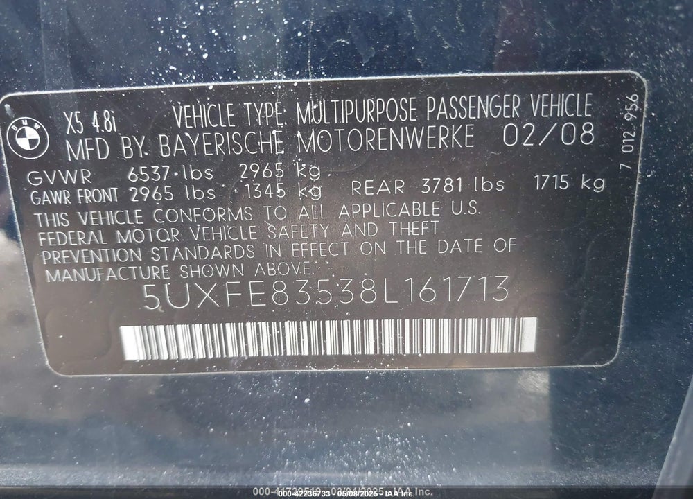 2008 BMW X5 4.8I VIN: 5UXFE83538L161713