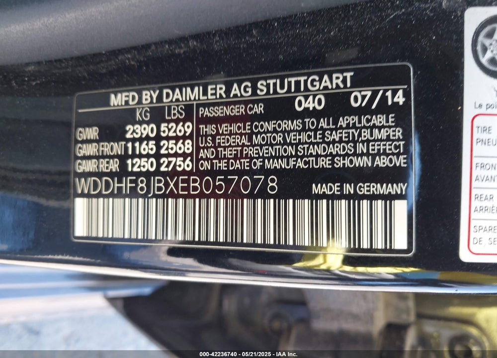 2014 MERCEDES-BENZ E-CLASS VIN: WDDHF8JBXEB057078