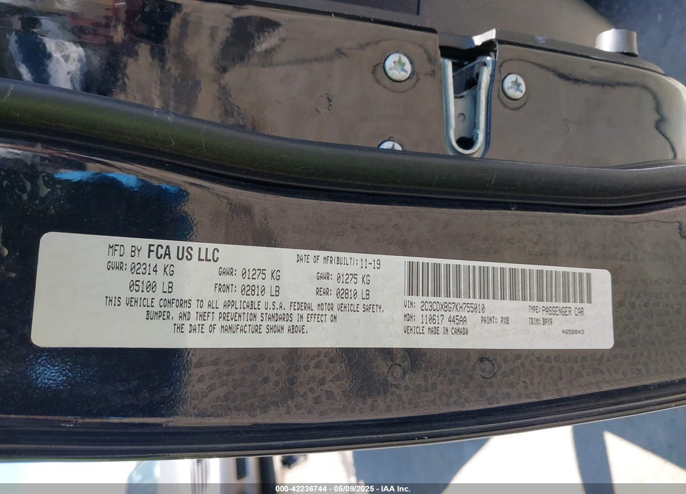 2019 DODGE CHARGER SXT RWD VIN: 2C3CDXBG7KH755010