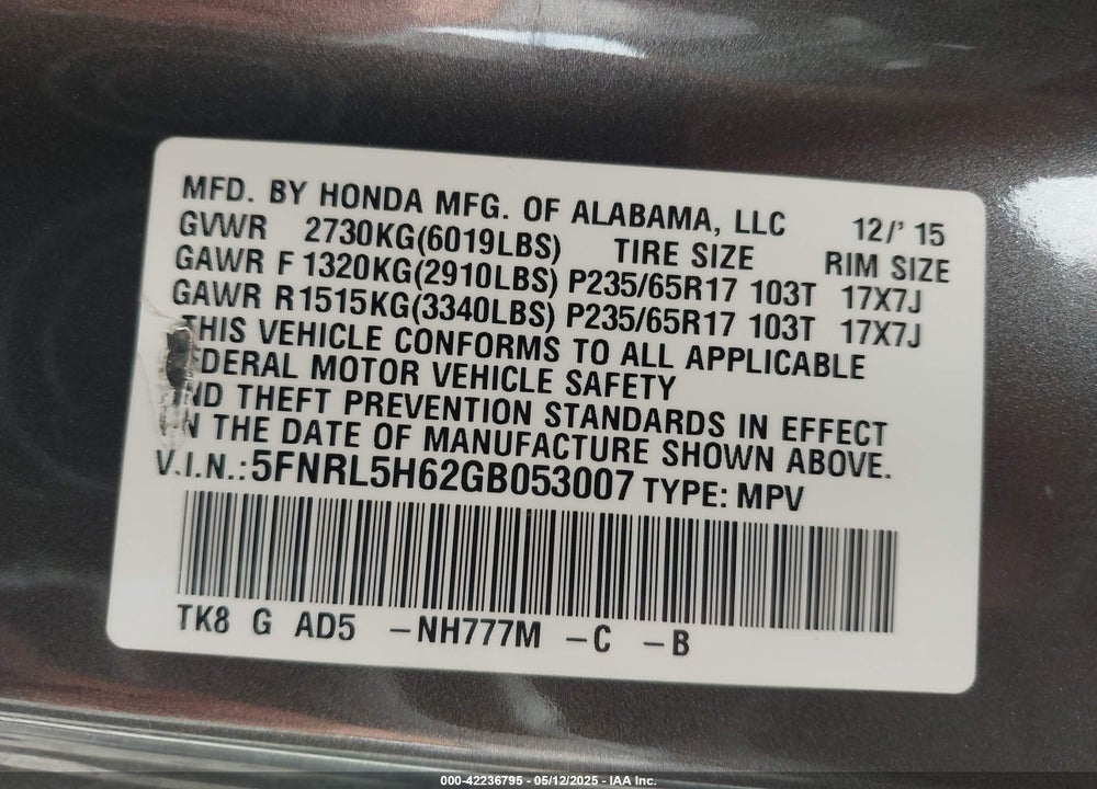 2016 HONDA ODYSSEY EX-L VIN: 5FNRL5H62GB053007