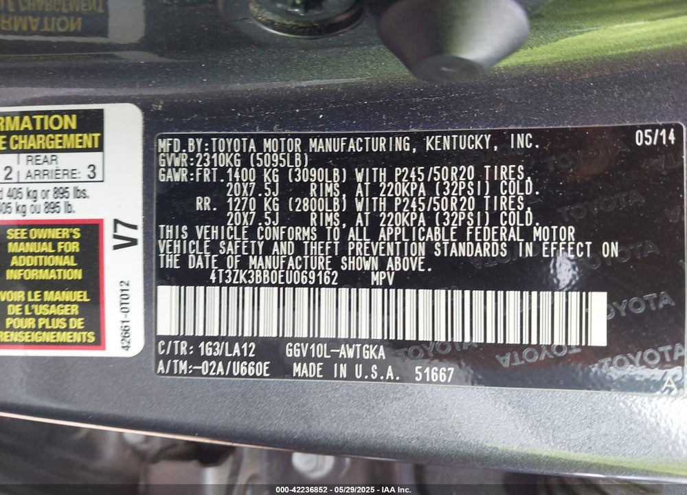 2014 TOYOTA VENZA XLE V6 VIN: 4T3ZK3BB0EU069162