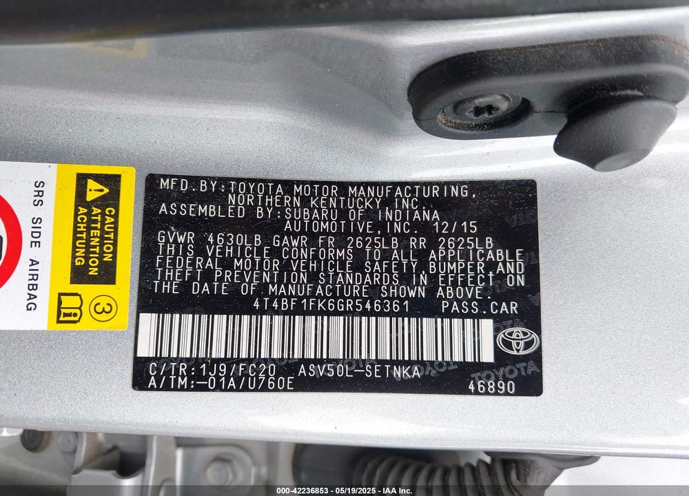 2016 TOYOTA CAMRY VIN: 4T4BF1FK6GR546361