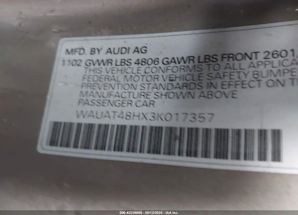 2003 AUDI A4 3.0 VIN: WAUAT48HX3K017357