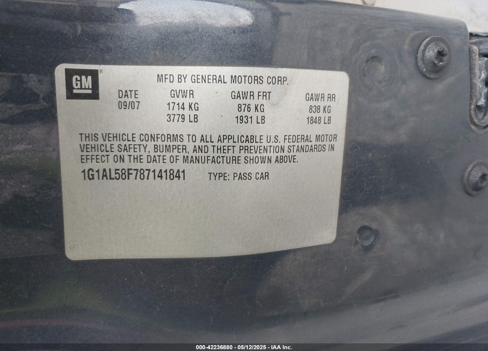 2008 CHEVROLET COBALT VIN: 1G1AL58F787141841