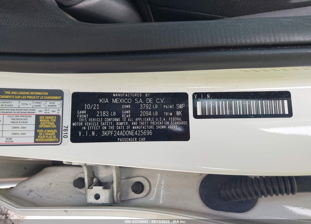 2022 KIA FORTE VIN: 3KPF24AD0NE425696