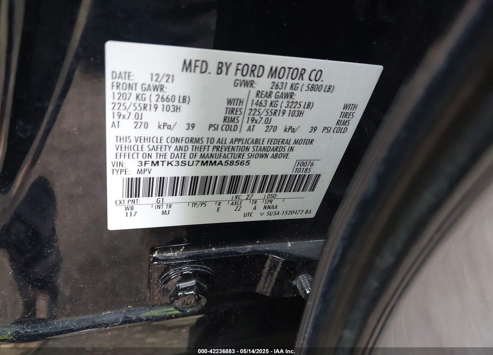 2021 FORD MUSTANG MACH-E VIN: 3FMTK3SU7MMA58565