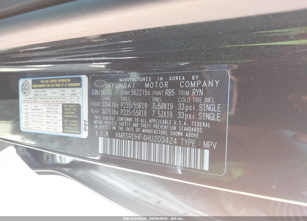 2017 HYUNDAI SANTA FE LIMITED ULTIMATE VIN: KM8SRDHF4HU203424