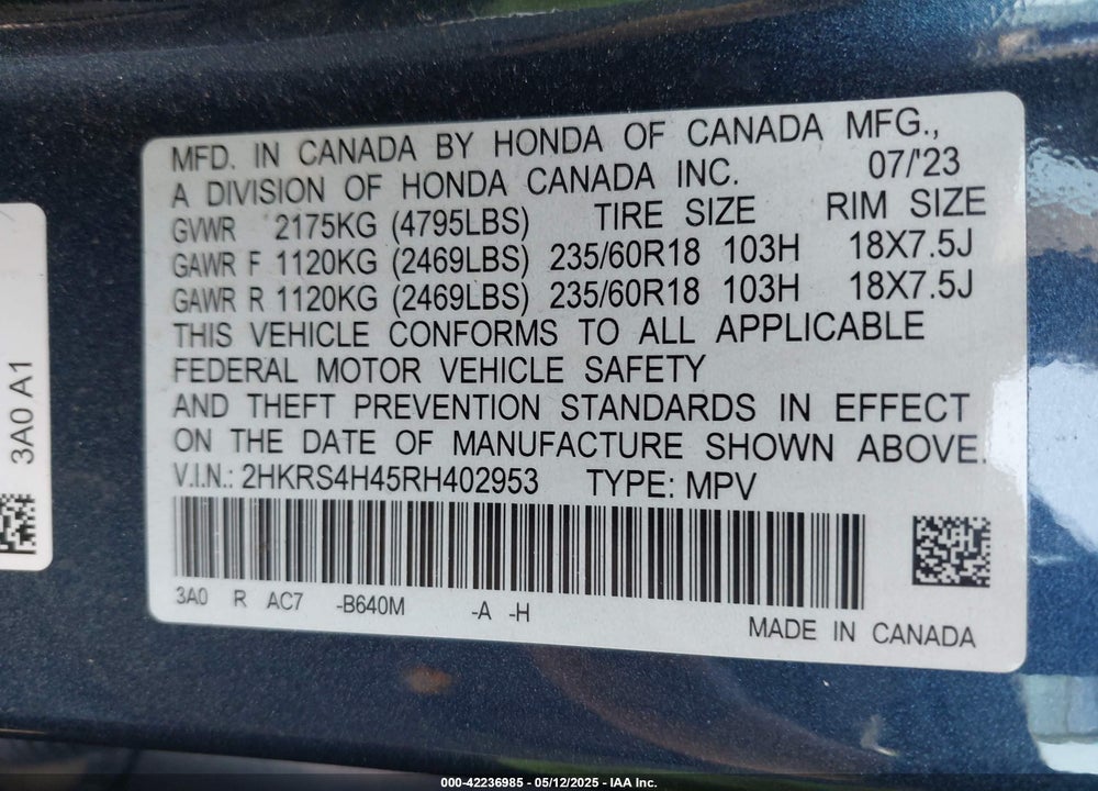2024 HONDA CR-V VIN: 2HKRS4H45RH402953