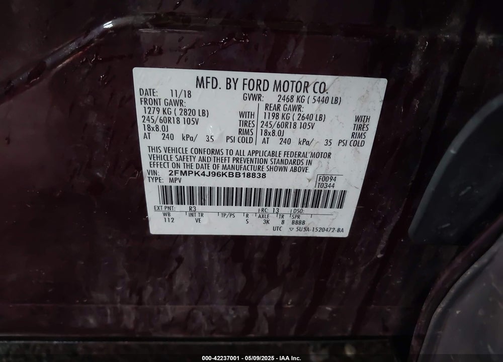 2019 FORD EDGE SEL VIN: 2FMPK4J96KBB18838