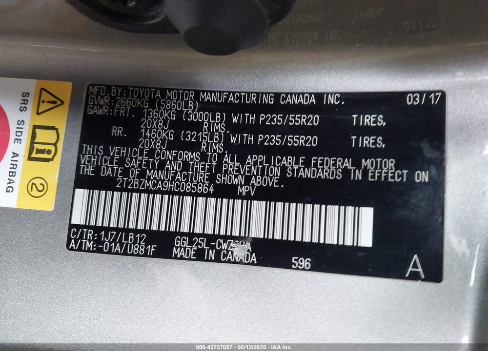 2017 LEXUS RX 350 VIN: 2T2BZMCA9HC085864